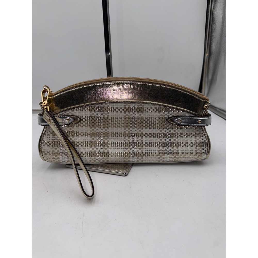 Sondra Roberts Woven Metallic Gold Silver Wristlet Clutch Bag Faux Leather